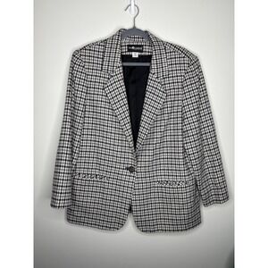 Vintage Sag Harbor Petite Houndstooth Wool Blend Blazer Black White Women's 16P